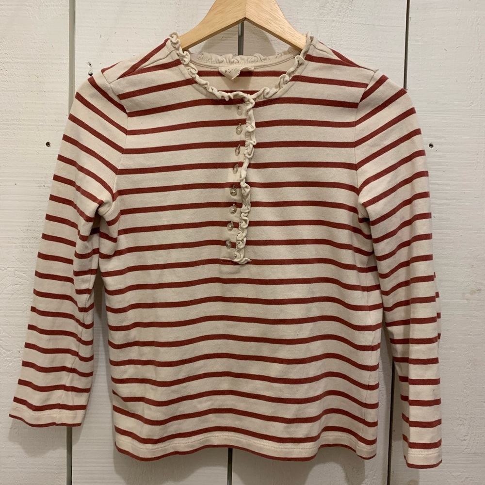 Sezane GAËL MARINIÈRE Striped Ruffle-Trim Long Sleeve Top - Cream & Rust